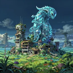 a beautiful very detailed rendering of unfinished building farmland urbex nature by zack snyder, vice city junglepunk fantasy atlantis meadow dieselpunk sea vaporwave anime uv light alien at night azeroth studio ghibli extraterrestial biopunk universe made of glass neptune, archdaily, wallpaper, highly detailed, trending on artstation.
