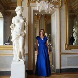 a woman in a blue dress standing in a doorway, a marble sculpture by maud naftel, instagram, neoclassicism, made of feathers, hall of mirrors, elegant