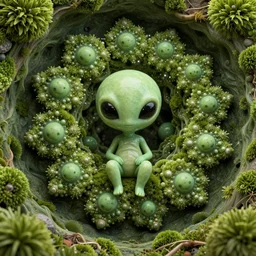 cute alien, mandelbrot & julia fractal, high moss inside hollow earth jewellery mine full colored, portal golden, god shining light of love, looping wormhole teleport, quantum physics cell, nucleus, fireflies, hight contrast, void, 8 k resolution, unreal engine 5, hyper - detailed, morning mood by beeple, justin gerard