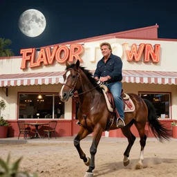 guy fieri riding a horse into a flavortown restaurant on the moon