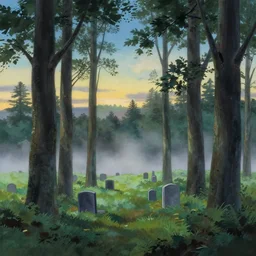 landscape forest, cemetery in far distance, mist, evening, cartoony gouache matte painting by brothers hildebrandt by makoto shinkai