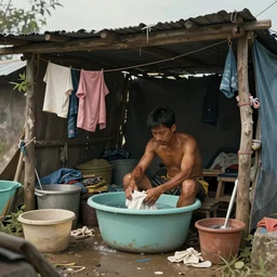 a concept art illustration, asian man sitting washing clothes on a tub inside a makeshift shack, slums, hyper realistic, photorealistic, art by wlop, hyper detail, trendung on artstation, cgsociety, ultra sharp, digital painting,