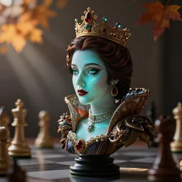 ( queen chess piece, bioluminescence, beautiful face, reflection of led lights, intricate detail, very detailed, highly detailed background, sharpfocus, photorealism, soft diffuse autumn lights, some sun light ray, dark room wall, canon 5 d 5 0 mm lens