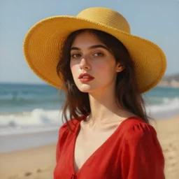 beautiful oil matte portrait painting, young woman with red dress and mustard yellow summer hat at a beach on a sunny day, wonderful masterpiece highly detailed, beautiful cinematic light deep focus, elegant, digital painting, smooth, sharp focus, golden ratio, dramatic illumination, ultra realistic, 8 k, art by jimmy law