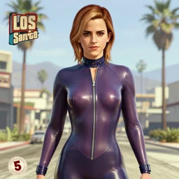 highly detailed painting of emma watson wearing a latex suit in los santos, gta 5 cover art, stephen bliss, 8 k, by greg rutkowski, artgerm, global illumination, radiant light, detailed and intricate environment