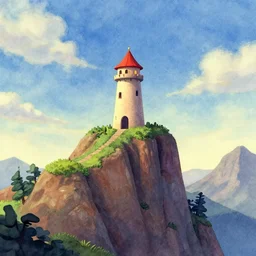 tower with an arch on a cliff of a mountain in water color, claymation style, colourful, volumetric light,, dramatic light, analogue photo, vfx art, digital painting, digital illustration, unreal engine render