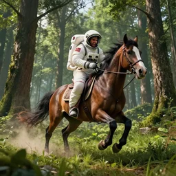american astronaut in an indian forest riding a beautiful stallion, plants environment, furious action scene, wide angle, cinematic lighting, atmospheric, ultrarealistic, trending on artstation, cgsociety, highly detailed, color graded, in the style of craig mullins, rendered in Unreal Engine 4k HQ, horizon forbidden west
