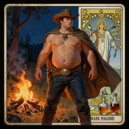 a dramatic, epic, ethereal painting of a handsome thicc shirtless cowboy beer belly wearing a cape | background is a late night campfire with food and jugs of whisky | tarot!! card, art deco, art nouveau | by Mark Maggiori | trending on artstation
