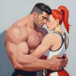 greg manchess portrait of sleeping thick muscular weightlifter zarya from overwatch with ponytail and red hair played by scarlett johansson, medium shot, asymmetrical, profile picture, organic painting, sunny day, matte painting, bold shapes, hard edges, street art, trending on artstation, by huang guangjian and gil elvgren and sachin teng