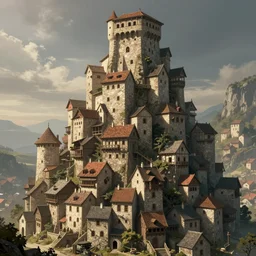 a vertical medieval city, with lots of houses stacked on each other concept art, very tall, trending on deviantart, movie still, award wining photograph