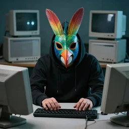 a photo of a hacker wearing a quetzal mask surrounded by old computers