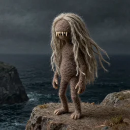 A beautiful digital art of a human-like creature with long, stringy hair. The figure has no eyes, only a mouth with long, sharp teeth. The creature is standing on a cliff overlooking a dark, foreboding sea. needle felting by Shaun Tan, by Tony Oursler realistic
