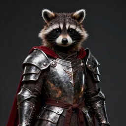 Portrait of a raccoon humanoid wearing heavy armor. Iron armor, red cape, clothing. Dark fantasy, digital art, HD, detailed.