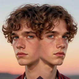 in the style of J. C. Leyendecker::1 eddie munson stranger things::3 symmetrical face symmetrical eyes perfect face::2 sunrise beautiful day::6 diffuse lighting::1