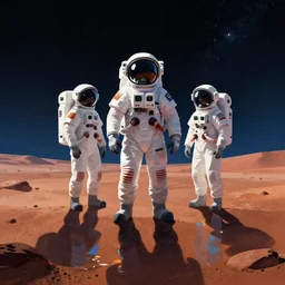 mars surface illustration with astronauts standing illustraion, utopian, tech noir, wet reflections, prism, atmospheric,