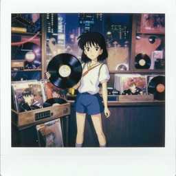 a full body polaroid portrait of a 1 9 8 0's disney girl working at a vinyl stall, holding a vinyl by hand chromatic aberrations, closeup at the faces, perfect art, busy cyberpunk city, gapmoe yandere grimdark, trending on pixiv fanbox, painted by makoto shinkai takashi takeuchi studio ghibli, akihiko yoshida,