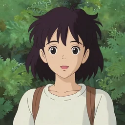 Character portrait of a young woman in a lush park, 90s anime facial features, expressive eyes, highly detailed, cel shading, Studio Ghibli still, by Makoto Shinkai and Akihiko Yoshida