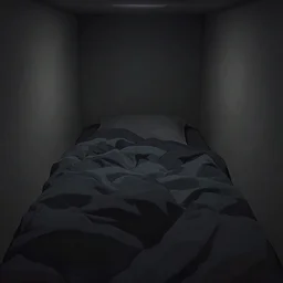 interior view of a small space pod bed in wall, tight space, claustrophobic, messy blankets, dark colors, minimal light, close up, dim lighting, muted colors, unreal engine render, by makoto shinkai takashi takeuchi studio trigger