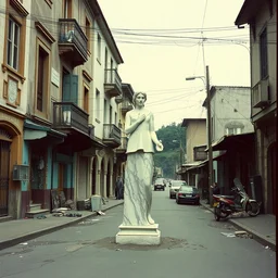 vintage color photo of a marble sculpture in the middle of a poor brazilian street, image by werner herzog
