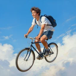 A striking painting of a happy man flying in the sky on his bicycle in the clouds, digital art by Ross Tran