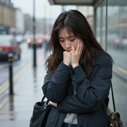 emo girl at a British bus stop in 2006 on a rainy day