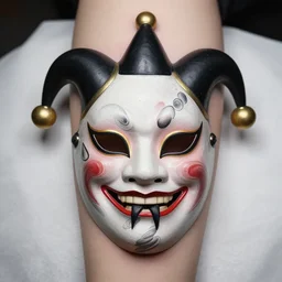 “jester mask, tattoo in a tornado”