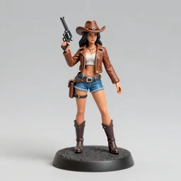 80mm resin detailed miniature of a cow girl, Short brown leather jacket, denim hot-pants, thigh skin, ten-gallon hat, holds a revolver in her right hand, on textured disc base; Miniature product Introduction Photos, 4K, Full body