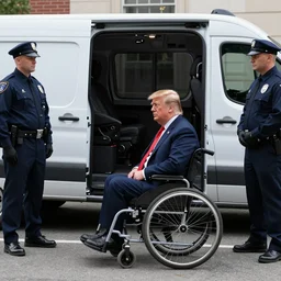 donald trump in a wheelchair next to handicap van surrounded by secret service agents, photograph, high resolution, high quality