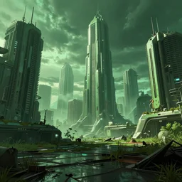 cyberpunk city, green color scheme, abandoned, futurism, by craig mullins, by marc simonetti