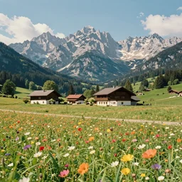 a ultra photorealistic and sharp film still of an a sunny and colourful open field in 1 9 0 0 in the middle of the bavarian alps, germany. wide shot, wes anderson, studio ghibli, pixar and disney animation, octane render, anime key art by greg rutkowski, dramatic lighting, award winning photography