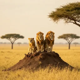 a family of lions perched together on top of a termite mound in the serengeti gazing into the distance, yellow grass, golden hour, high quality digital art