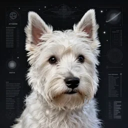 retrofuturistic portrait of a west hightland white terrier, space graphics art in background, close up, wlop, dan mumford, artgerm, liam brazier, peter mohrbacher, 8 k, raw, featured in artstation, octane render, cinematic, elegant, intricate, 8 k