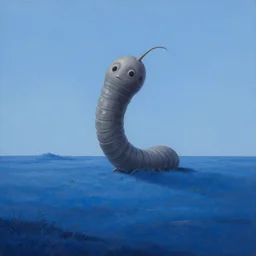 a very beautiful matte painting of a blue landscape with a giant gray worm with human face rising on the horizon, worm with a human face, 8 k, trending on artstation, landscape painting, daniel merriam, martin johnson heade, hyperdetailed, artstation, cgsociety