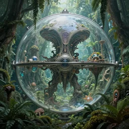 epic alien jungle by zdzisław beksinski, greg rutkowski inside a giant glass space station by zaha hadid. highly detailed, hyper - real, very beautiful, intricate fractal details, lush, mysterious, trending on deviantart and artstation