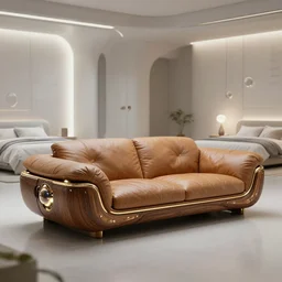 a photo of a futuristic leather couch in a clean and uninhabited futuristic bedroom from oblivion movie, by wlop by jungyeonmin and james jean jhonseru jsezz artstation and greg rutkowski, with some wood and gold details, biomechanical, lens orbs, global illumination, lounge, architectural, volumetric lighting, granular detail, japandi, hyperrealist, micro details, blender, vray