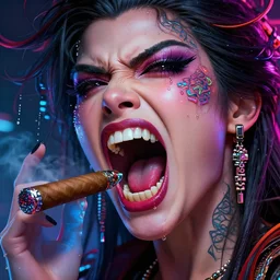 pixelated mouth, scream, cyberpunk angry gorgeous goddess, , cigar, neon, alterd carbon, fibonacci, sweat drops, insane, intricate, highly detailed, digital painting, artstation, concept art, smooth, sharp focus, illustration, Unreal Engine 5, 8K, art by artgerm and greg rutkowski and alphonse mucha