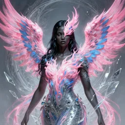 portrait of a black haired woman with pink and blue flaming phoenix wings style of god of war, swarm of transparent glass shards, intricate, elegant, highly detailed, digital painting, artstation, concept art, smooth, sharp focus, illustration, art by artgerm and greg rutkowski and alphonse mucha, 8 k