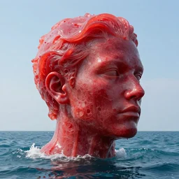 a giant human head sculpture in the sea made out of red jelly, in the style of chad knight, long shot, hyper detailed, hyper realistic, ray tracing, 8 k resolution, sharp focus, realistic water, award winning