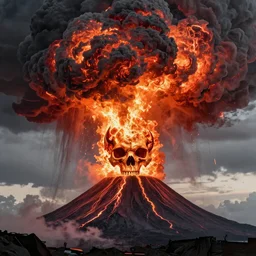 an active supervolcano exploding with fire and thick smoke in the shape of a demonic skull by dan seagrave art