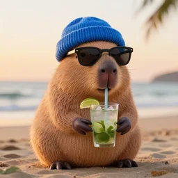 a photorealistic photograph of a knitted cute Capybara wearing sunglasses and dressed in a blue beanie cap. Additionally, the Capybara is sipping out of a refreshing Mojito drink at the beach during sunset. The image is Trending on Artstation, featured on Behance, well-rendered, fine detail, extra crisp image, Unreal Engine, 4K HD