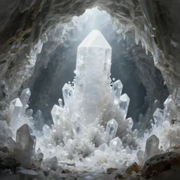 hyper realist matte digital painting of a giant cavern made of large clusters of white crystals, fantasy art, photo realistic, dynamic lighting, artstation, volumetric lighting