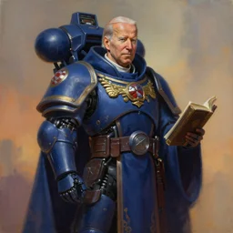painting of joe biden as a cloaked tech priest holding a book, adeptus mechanicus!!!, cybernetic enhancements attached to his body, praise the omnissaiah, zdzislaw beksinski, lewis jones, mattias adolfsson, warhammer 4 0 k!!, cold hue's, warm tone gradient background, concept art, digital painting