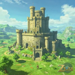a massive stone castle towering over a luscious green valley, breath of the wild, digital art,