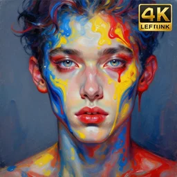 very detailed masterpiece androgynous man portrait painting of Stable Diffusion!!, 4k resolution, J.C. leyendecker!! Valentina Remenar!! Digital art, paint tool sai!! Blue, red, yellow, melting colors!! Perfect face!! Correct body proportions!! Semi realism!! COHERENT HANDS!! COHERENCY!! Instagram art!! Glimmering radiant!! Shimmering eyes!!