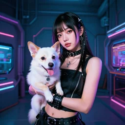15mm wide-angle lens photo of a 2050 cyberpunk girl holding up a genetic hybrid pet to the camera