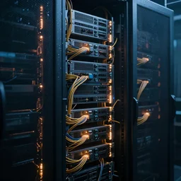 a 3 5 mm wide shot photograph of the interior of dystopian server racks with cables everywhere, 8 k, glowing, atmospheric, cinematic, bokeh, highly detailed, futuristic, wet.