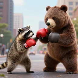 racoon punching bear, boxing, city