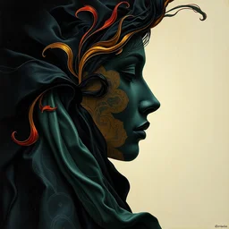 epic concept art. abstract female face silhouette mixing with black and color silk blankets. abstract sculpture. art deco swirls. masterpiece by michelangelo. concept art, matte painting. elegant masterpiece, mich elangelo. 1 7 th century french painting. classicism. greg rutkowski, wlop, victo ngai. kandinski