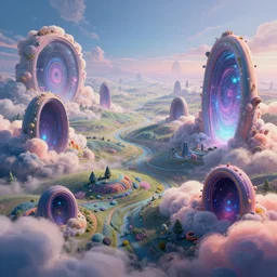 a psychedelic realm with rolling plains made out of clouds, and giant portals scattered throughout that lead into the multiverse, in the style of wlop and lisa frank, illustration, epic, fantasy, hyper detailed, smooth, unreal engine, sharp focus, ray tracing