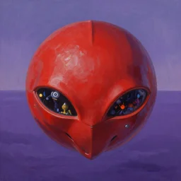 evangelion, red alien sphere like shape, flies over purple sea ocean, detailed, impressionistic, photorealistic by james gurney, michael komarck, greg rutkowski, victo ngai, artgerm, willem claesz heda and j. dickenson